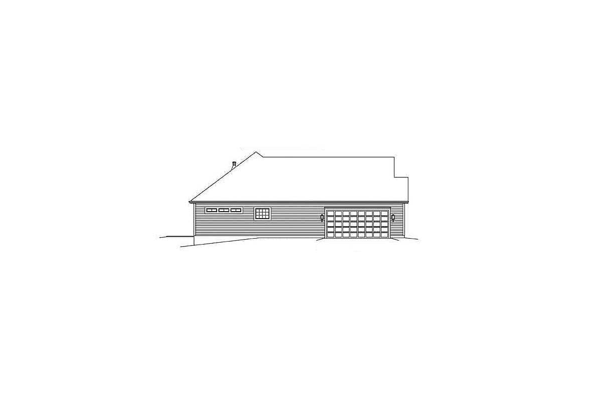 House plan exterior drawing showing a side view with a large garage door, a rectangular window, and horizontal siding.