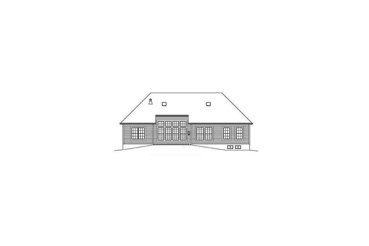 House plan exterior drawing of a one-story home with a hip roof, central large window bank, and double garage.