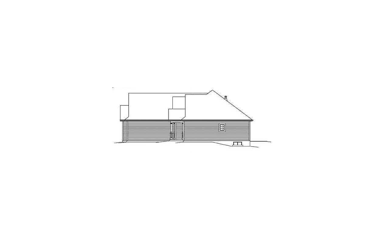 Side elevation drawing of a house plan, showing horizontal siding, multiple rooflines, and a single-story structure with a porch.
