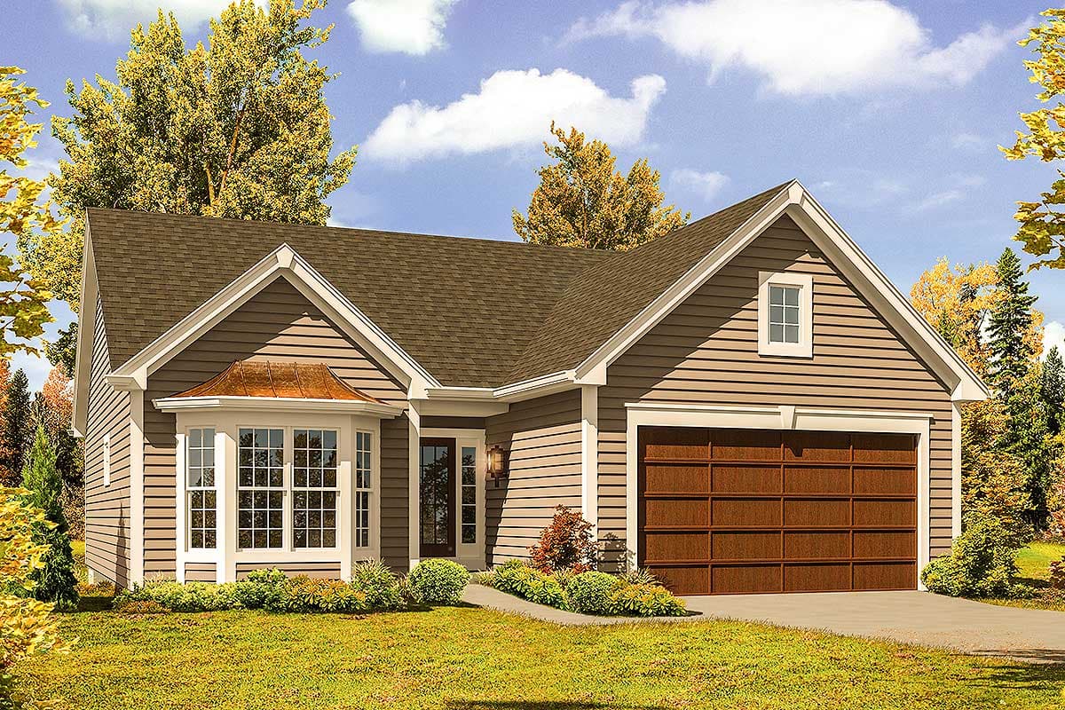 House plan exterior: Two-story home with a bay window, copper roof accent, and attached garage.
