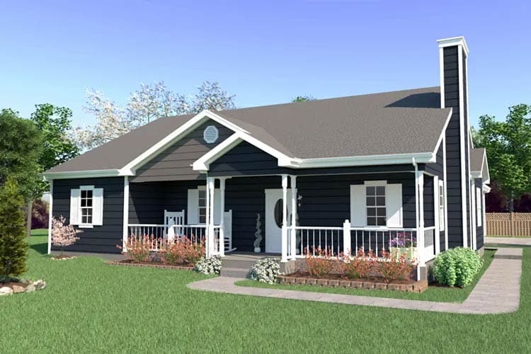 House plan exterior of a one-story home with a full-width covered porch, gabled dormer, and prominent chimney.