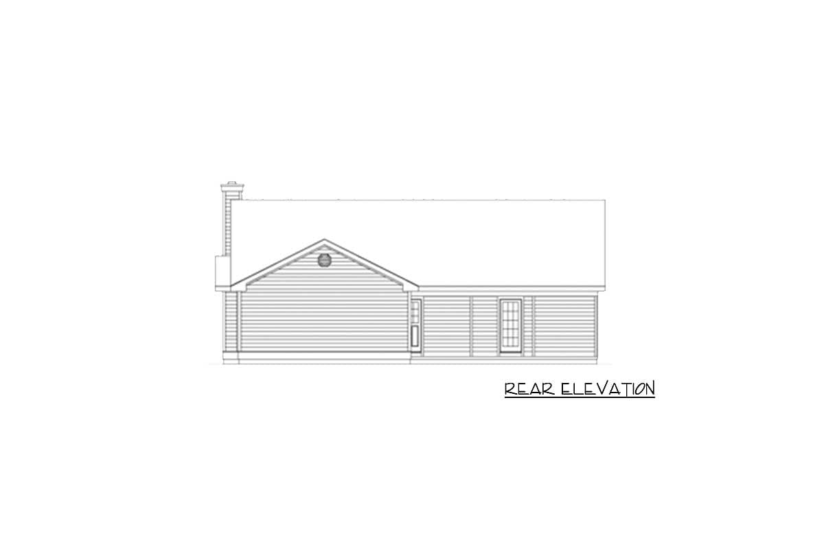 Rear elevation drawing of a single-story house plan with a gabled roof, a dormer, two doors, and a chimney.