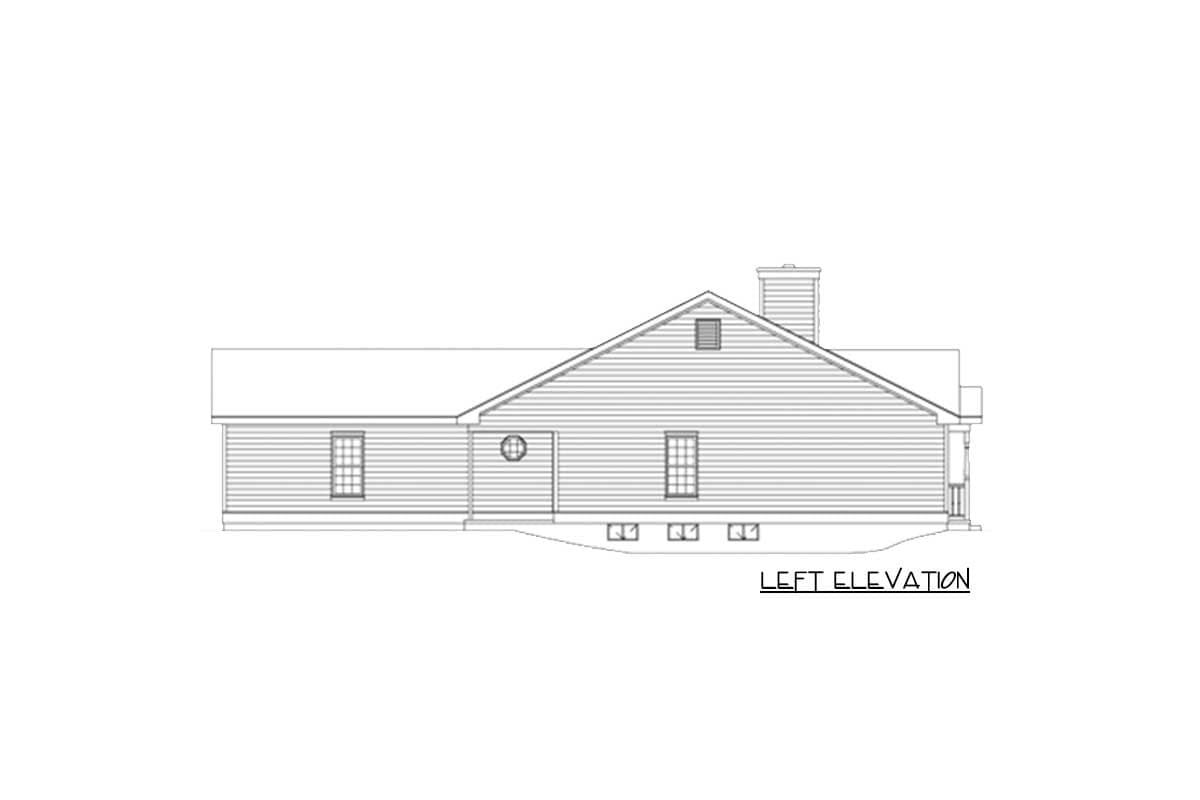 Floor plan left elevation drawing shows a single-story house with a prominent gable end, pitched roof, chimney, and windows.