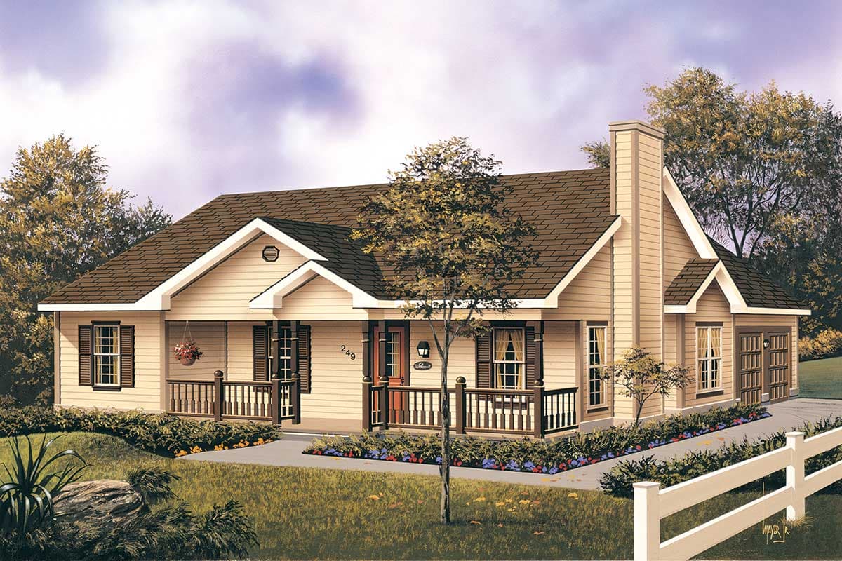 Ranch house plan exterior with a covered front porch, prominent chimney, and attached garage.