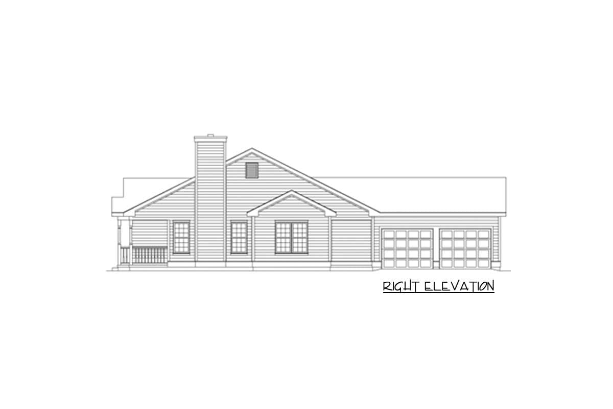 Right elevation drawing of a single-story house plan with a prominent chimney, covered porch, and attached two-car garage.