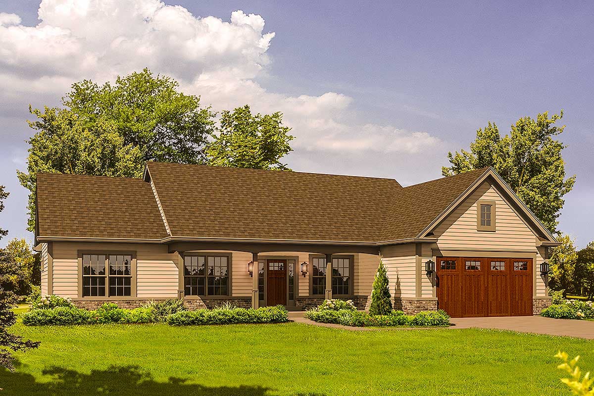 House plan exterior: Single-story ranch with covered front porch, stone accents, and a two-car garage.