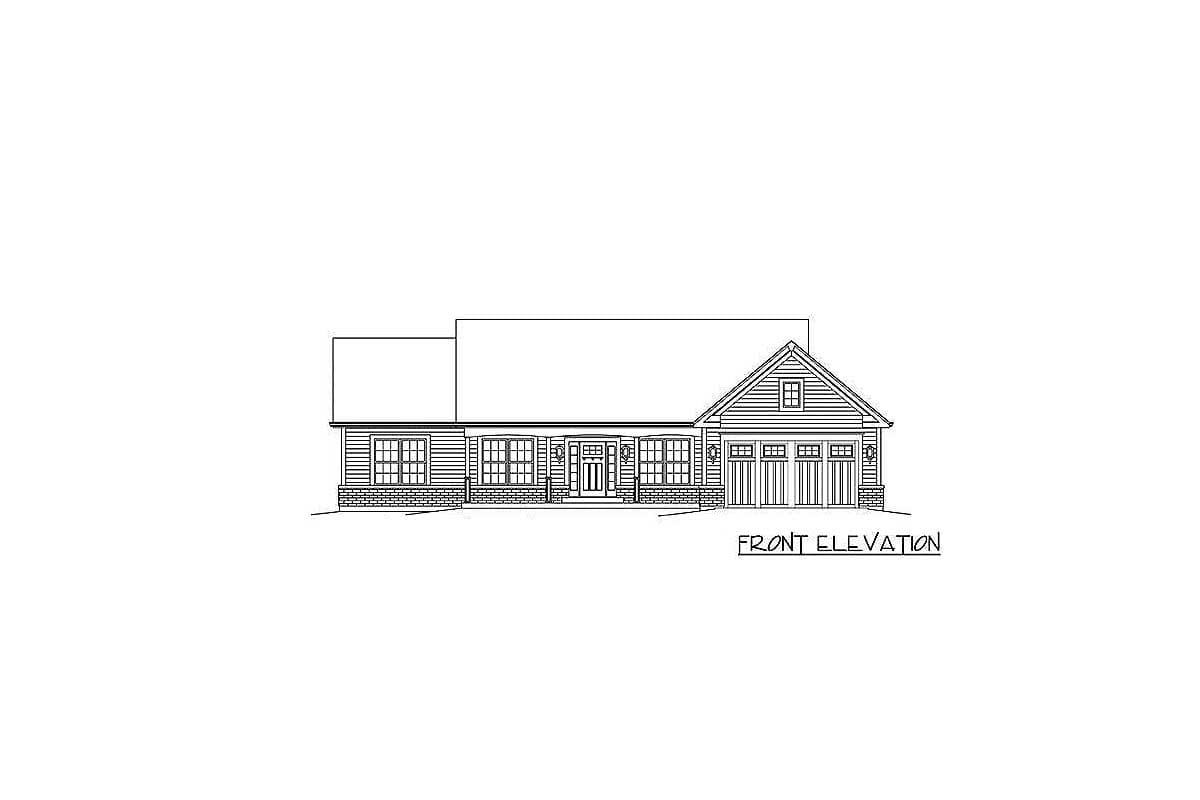 Front elevation drawing of a one-story house plan with a gabled roof, dormer, multiple windows, and a three-car garage.