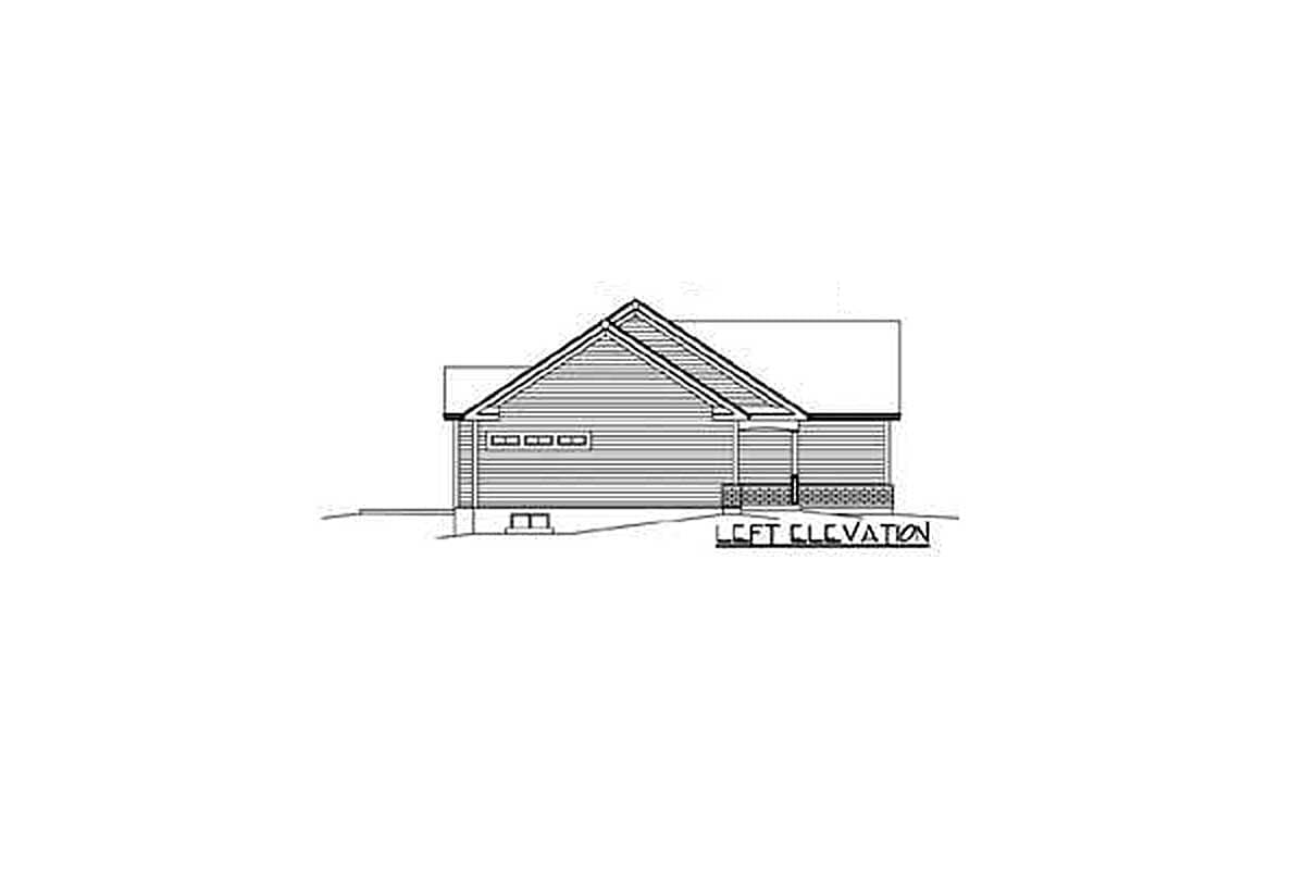 Left elevation house plan drawing shows a single-story home with a gabled roof, horizontal siding, and a covered front porch.