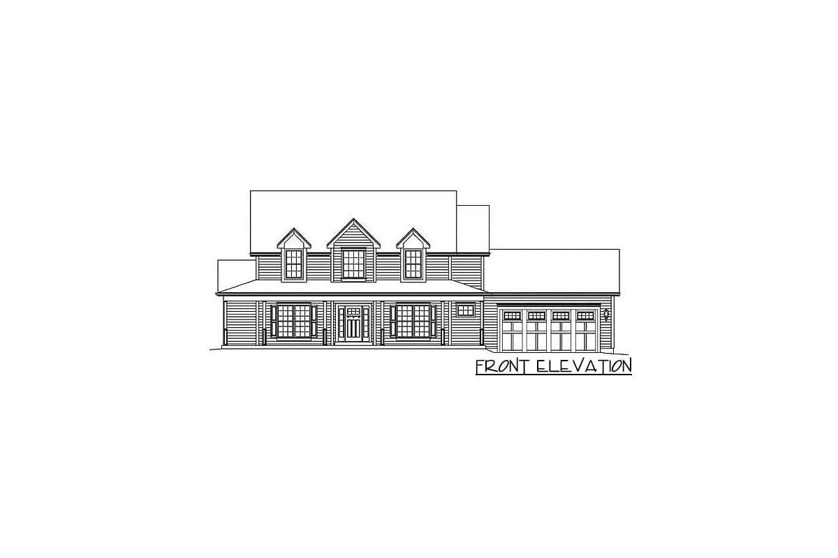 Front elevation drawing of a two-story house with a covered porch, dormers, and a three-car garage.