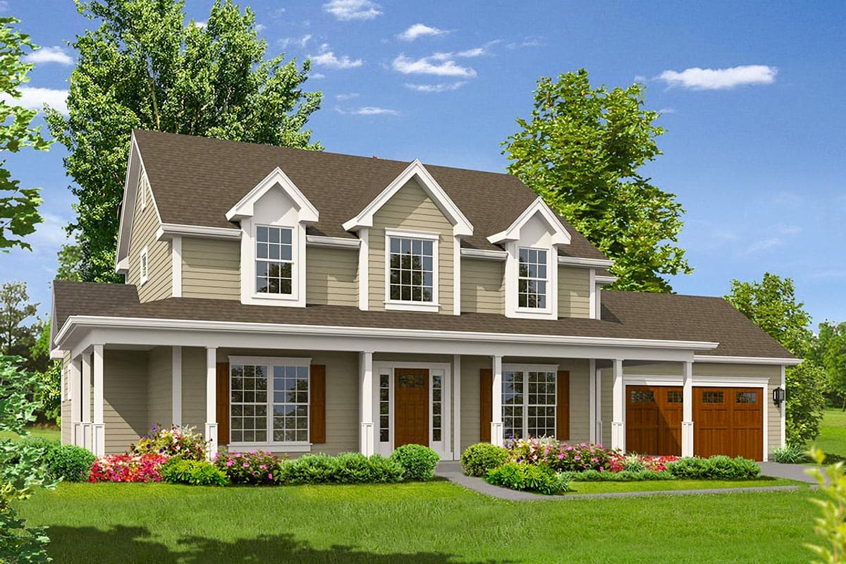 House plan exterior: two-story home with gabled dormers, covered front porch, and side-entry garage.