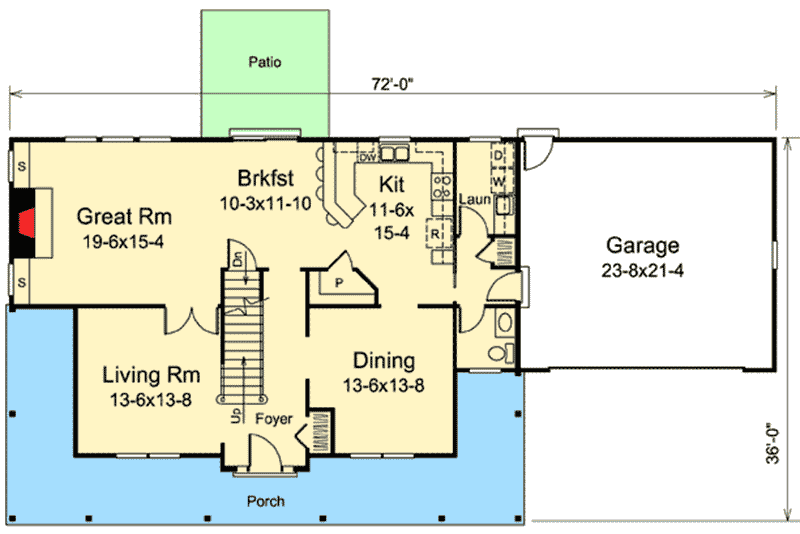 Plan 57304HA: Country Home with Wrap-Around Porch - Floor Plan - Main Level - Country, Farmhouse, Traditional