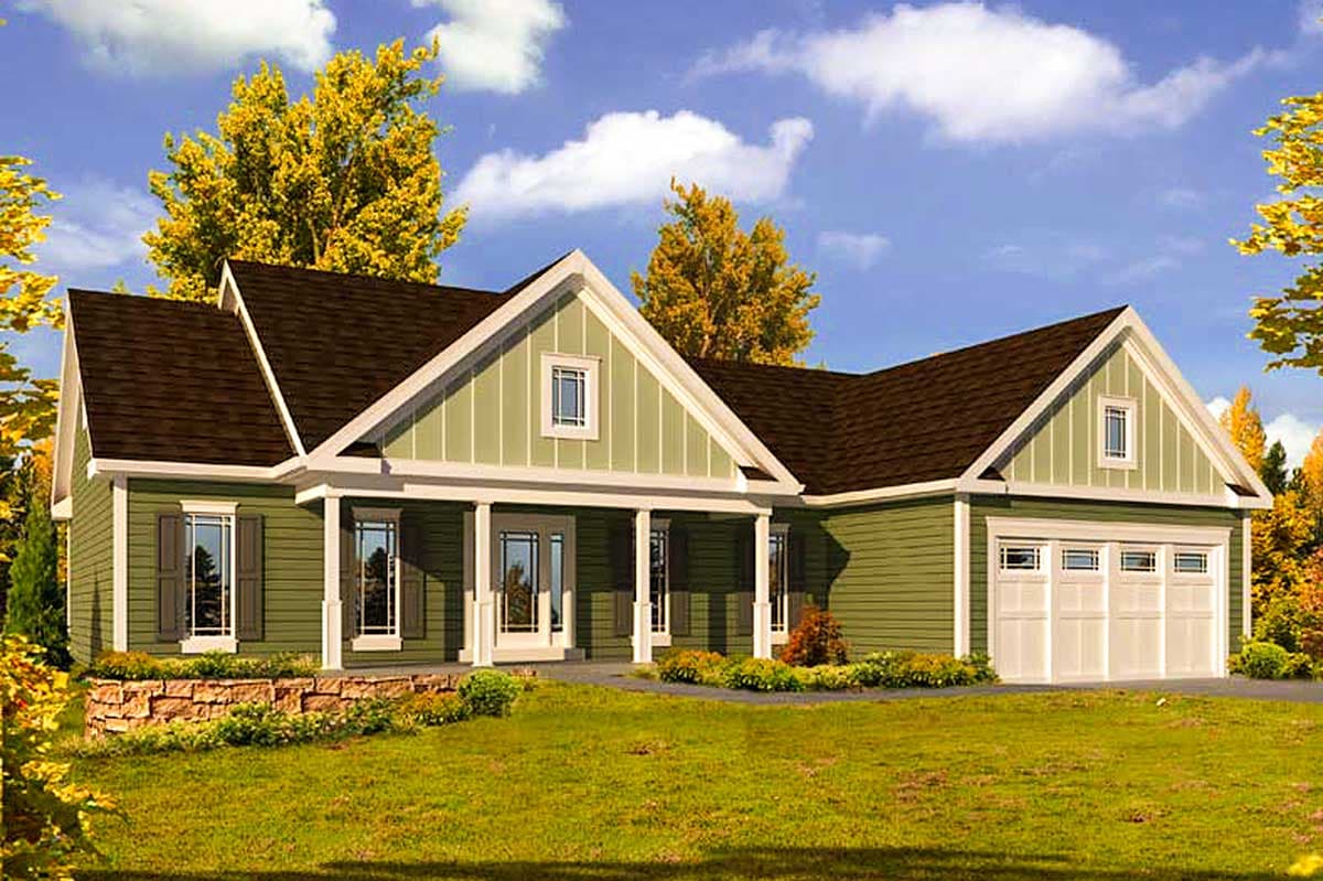House plan exterior: Ranch style, one story, covered front porch, gabled dormers, and a three-car garage.