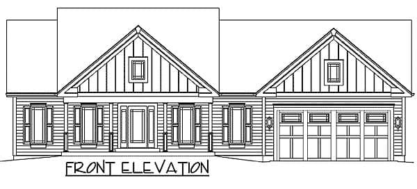 Front elevation drawing of a one-story house with a covered porch, gables, and a four-car garage.