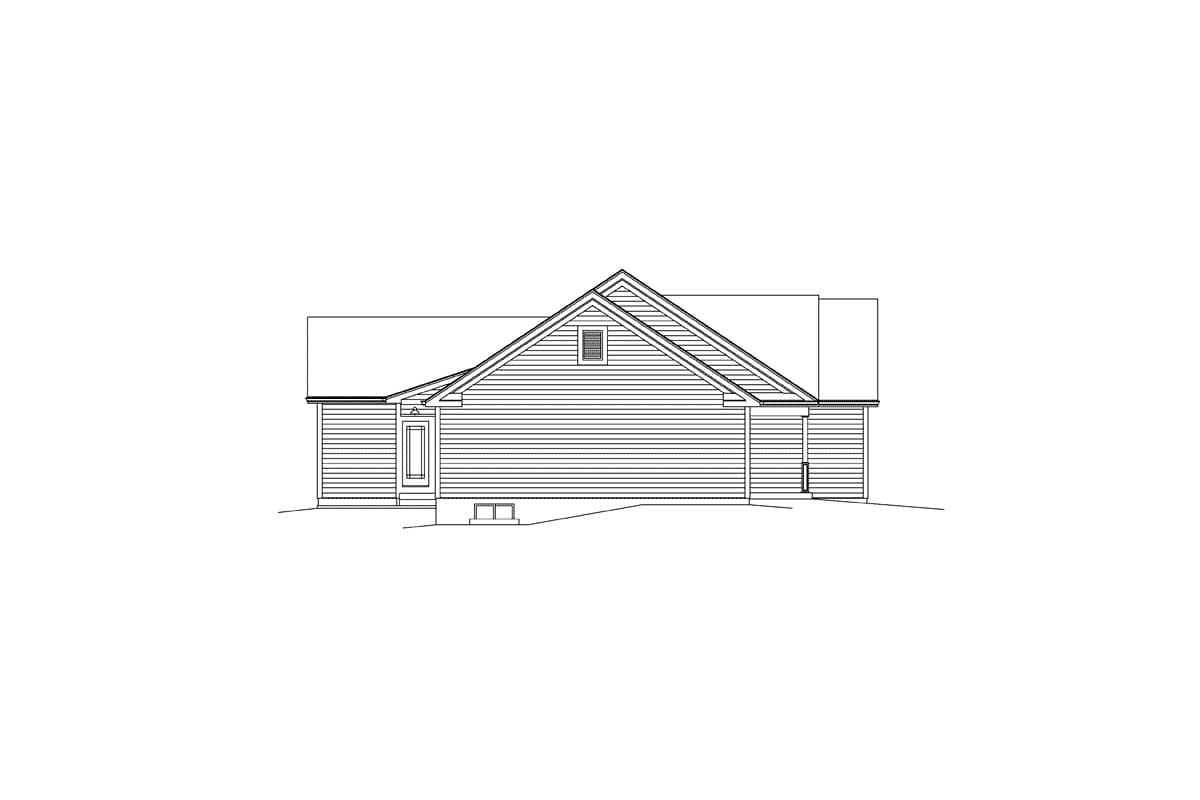 House plan exterior, side view. Single story with a gable roof, pitched roof dormer, and horizontal siding.