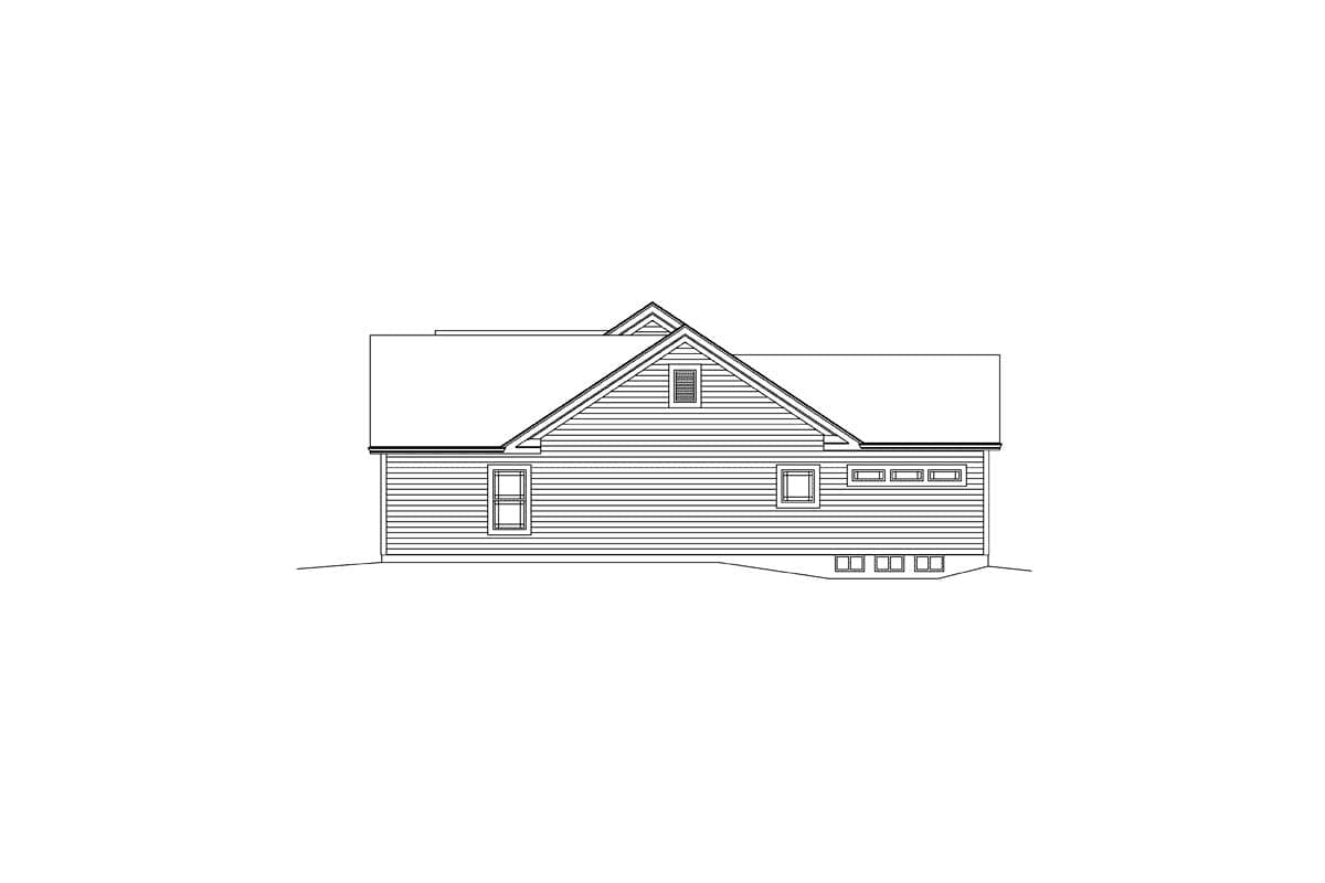 House plan exterior, side view. Single-story home with a gabled roof, multiple windows, and a dormer.