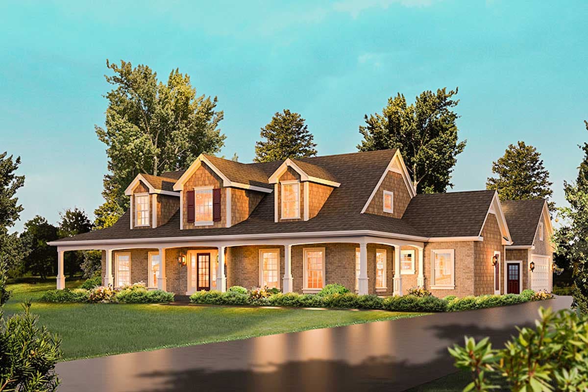 House plan exterior with a wraparound porch, multiple gables, dormers, and attached garage.