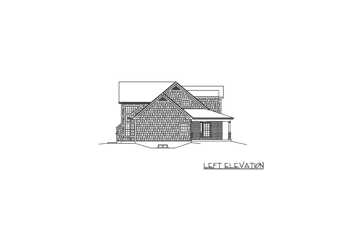 Left elevation drawing of a two-story house plan with a covered porch, gables, and shingle siding.