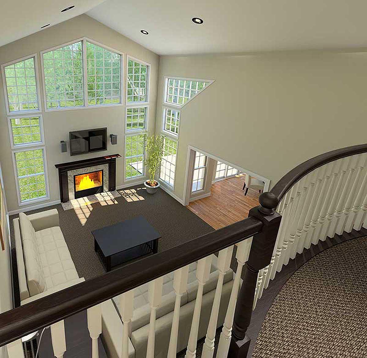 Great room with a fireplace, soaring windows, vaulted ceiling, and view of an open floor plan.