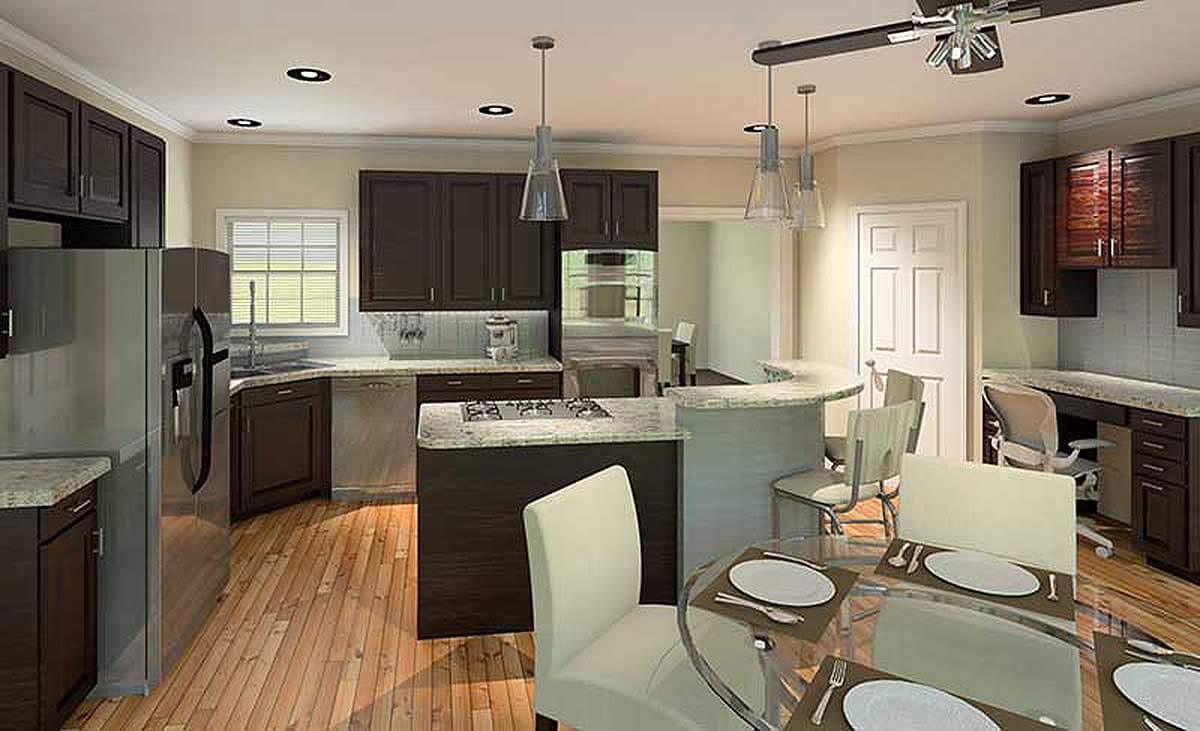 Kitchen and dining area house plan rendering with island, bar seating, and desk area.