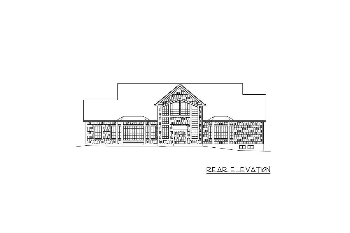 Rear elevation drawing of a house plan featuring a prominent gabled section with a large window array and surrounding hip roofs.