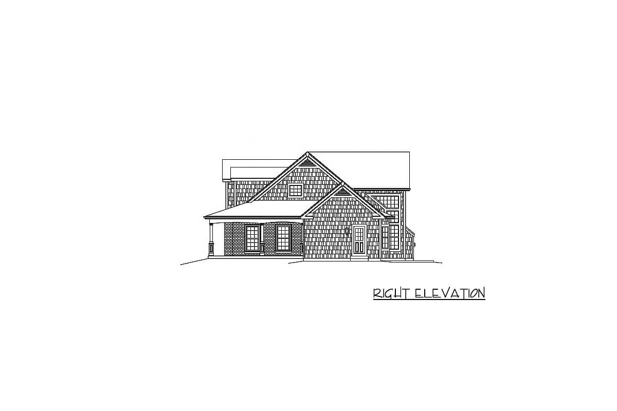 Right elevation drawing of a two-story house with a gabled roof, covered porch, and shingle siding.