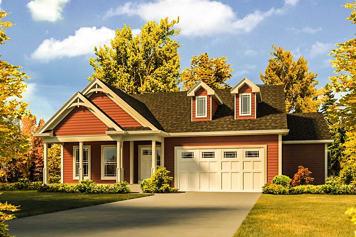 House plan exterior with dormers, covered porch, and a two-car garage. Craftsman architectural style.