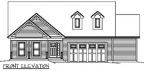 Front elevation house plan with a gabled front entrance, dormers, and a three-car garage.