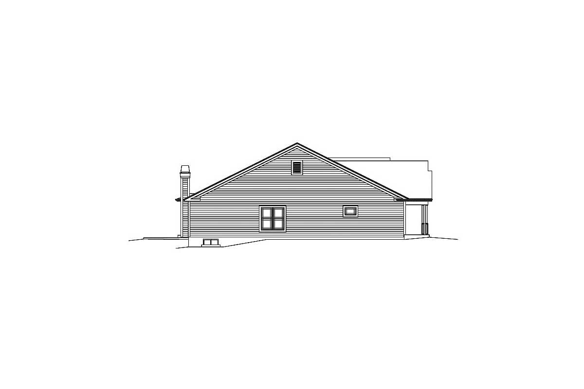 Ranch house plan side elevation. Features clapboard siding, prominent gable, chimney, and covered entryway.