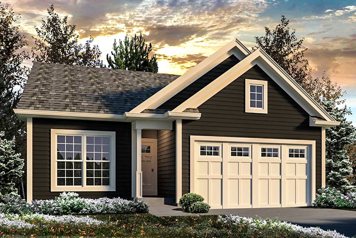 House plan exterior, one story, dark siding, covered entry porch, and multi-panel garage doors with windows.