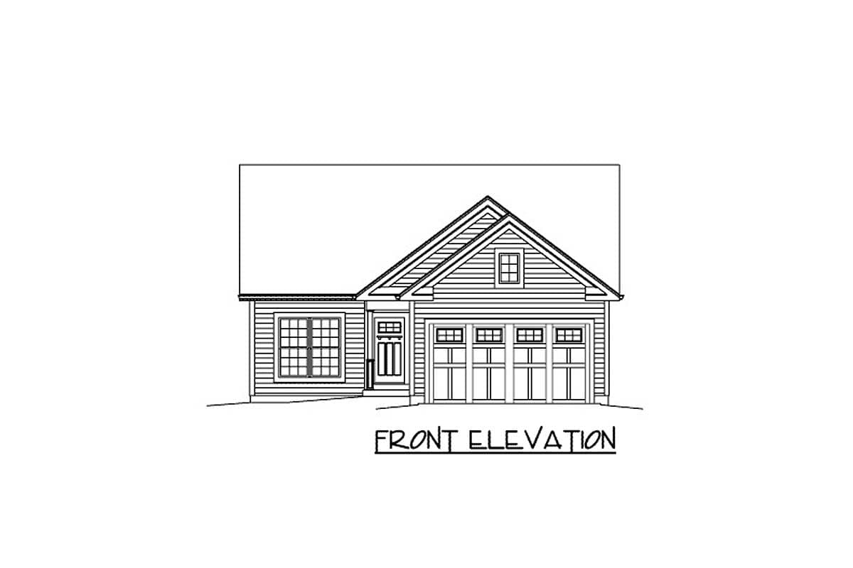 Front elevation drawing of a one-story house plan with a gabled roof, prominent dormer, multiple windows, and a four-car garage.