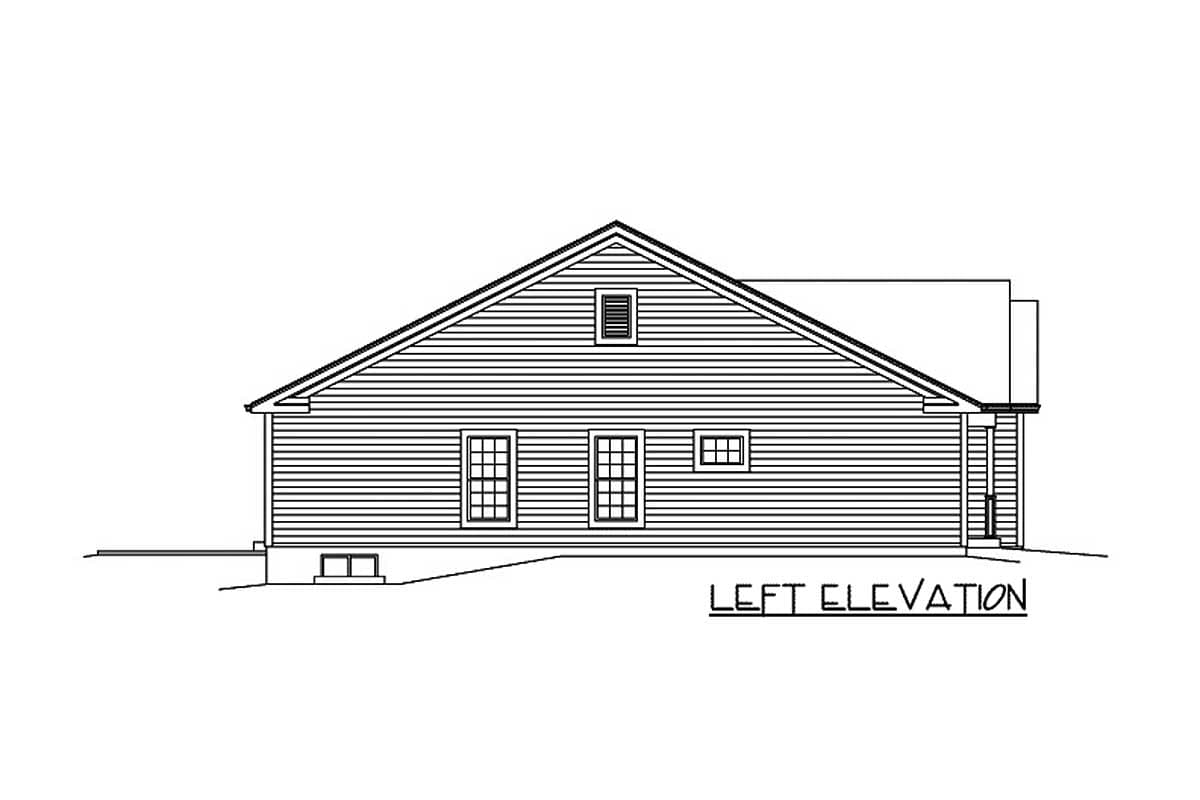 House plan left elevation drawing showing horizontal siding, multiple windows, a dormer vent, and a gabled roof.