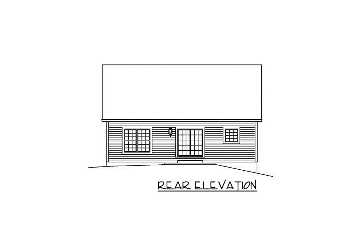Rear elevation drawing of a house with horizontal siding, a sliding glass door, and two windows.