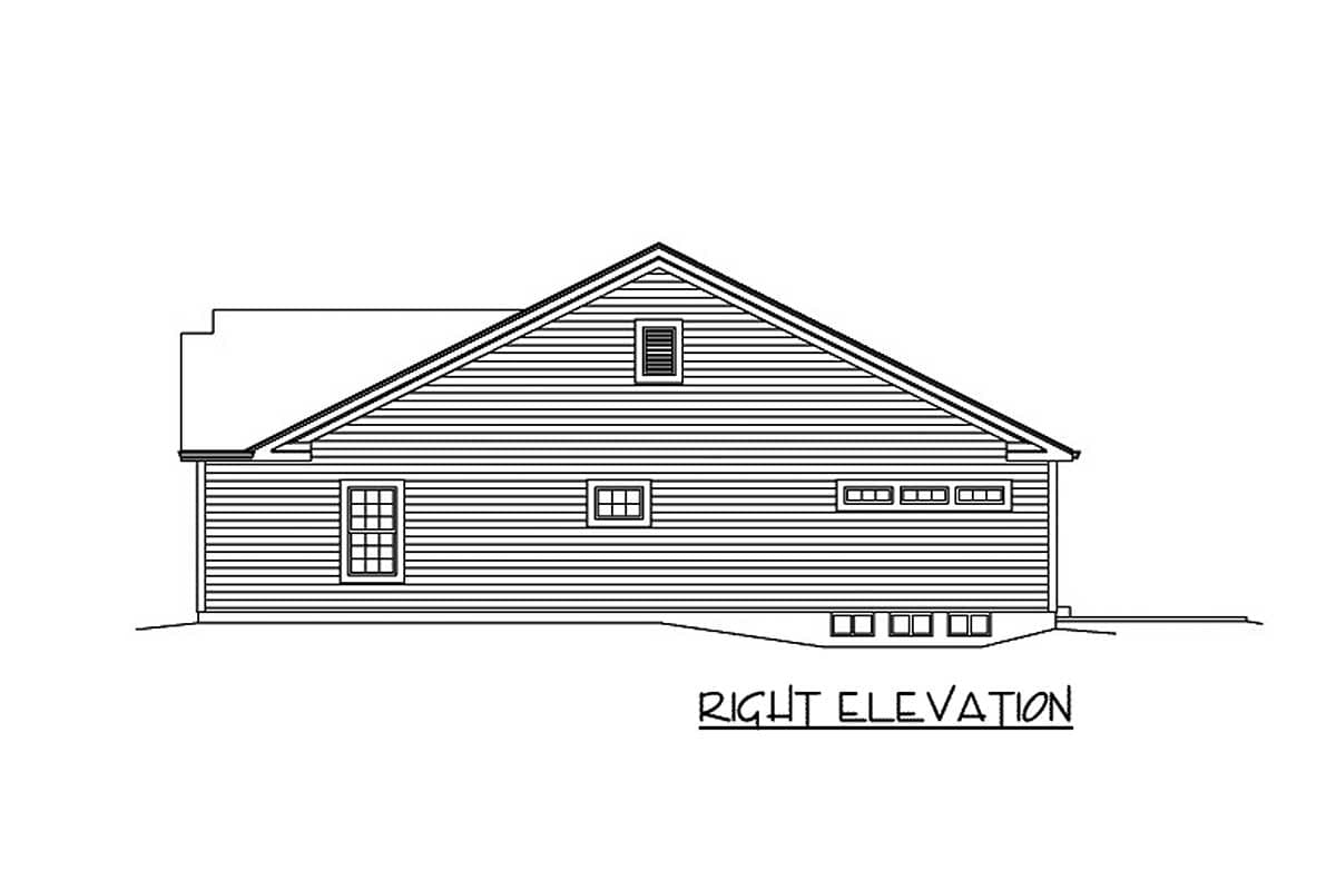 Right elevation of a house plan showing a gable roof, horizontal siding, and multiple windows.