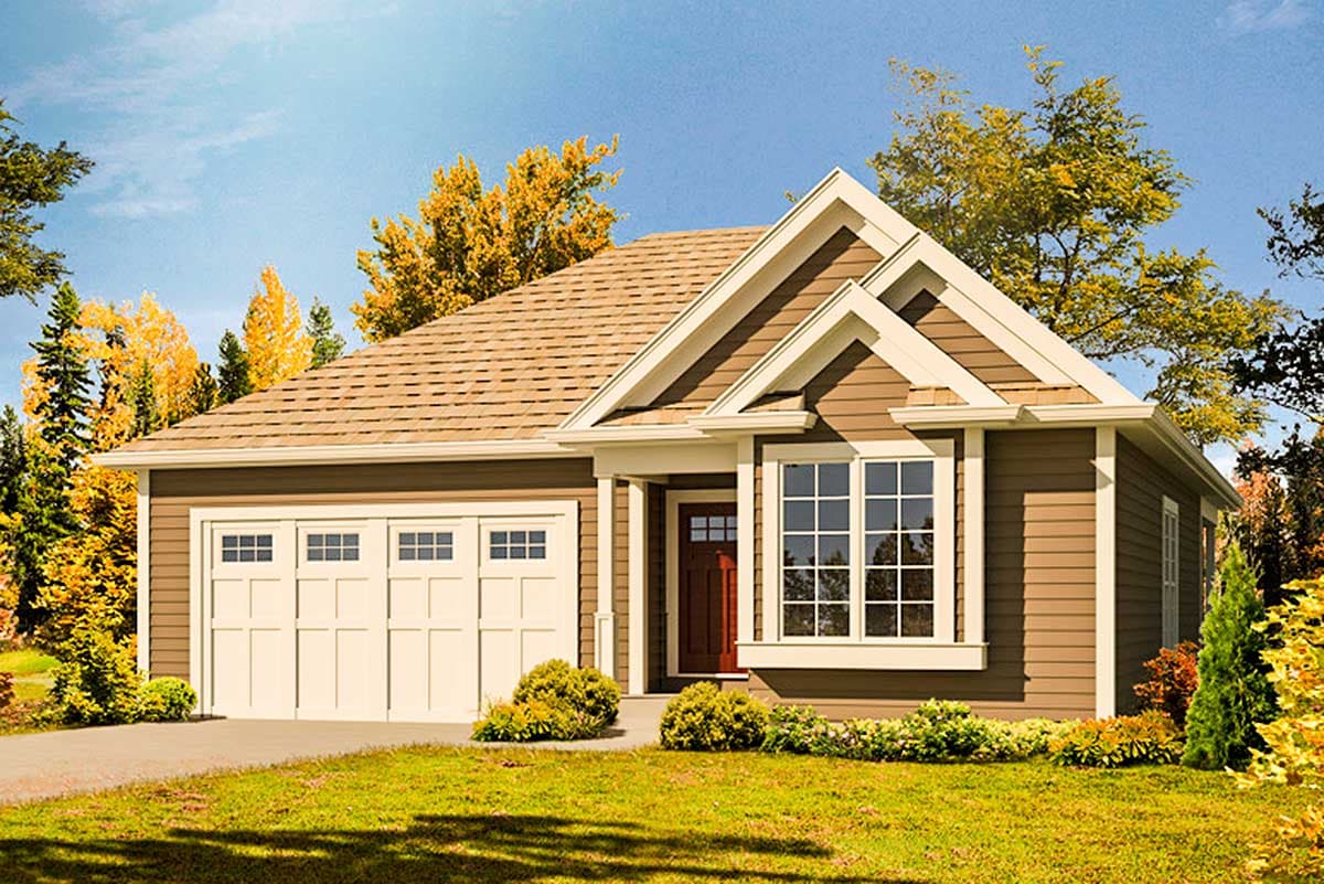 House plan exterior: One-story home with a gambrel roof, attached garage, prominent front gable with decorative trim, and a large bay window.