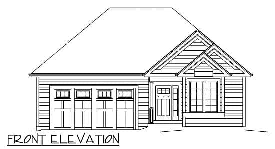 Front elevation of a one-story house plan with a gabled roof, double garage doors, and a covered entry.