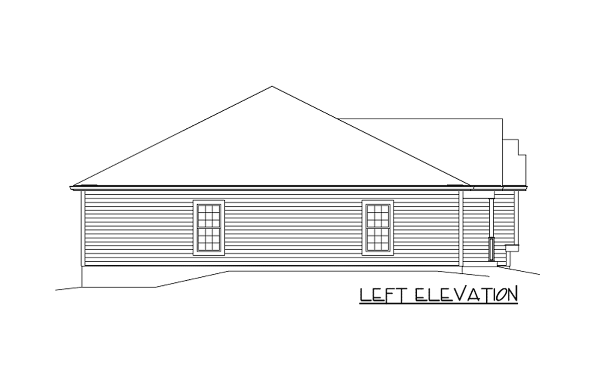 Left elevation of a house plan showing siding, two windows, and a pitched roof.