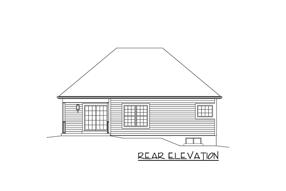 Rear elevation of house plan featuring a sliding glass door, two windows, and a hipped roof.