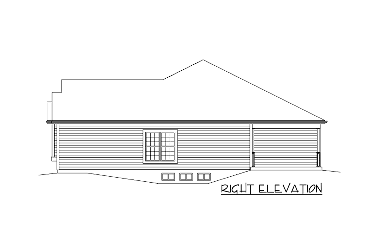 Right elevation house plan drawing showing horizontal siding, a multi-pane window, and a stepped roofline.
