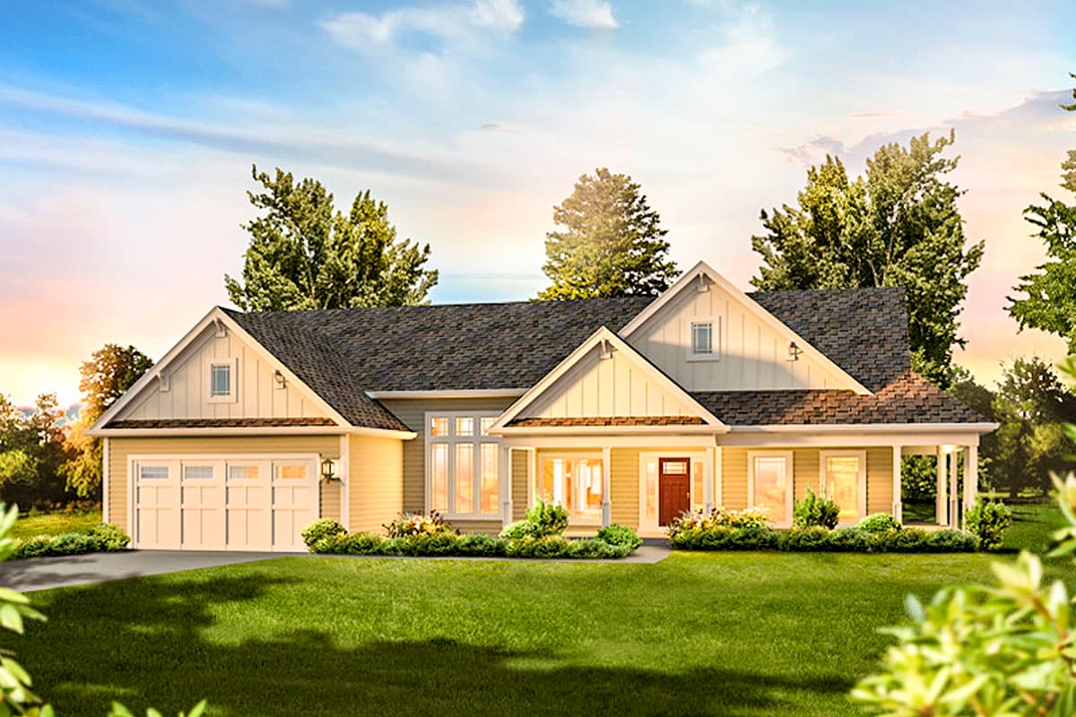 House plan exterior: Modern Farmhouse style, one story, with attached garage, gables, dormer window, and covered front porch.