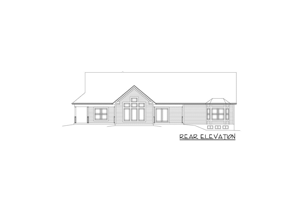 Rear elevation drawing of a house plan with a prominent gable and large windows.