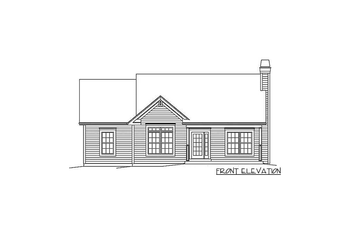 Front elevation house plan with horizontal siding, gable, multiple windows, a central door, and a chimney.
