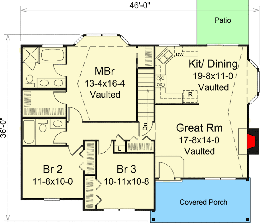 Plan 57313HA: One-Story House Plan with 3 Bedrooms - 1308 Sq Ft - Floor Plan - Main Level - Cottage, Country, Ranch, Traditional