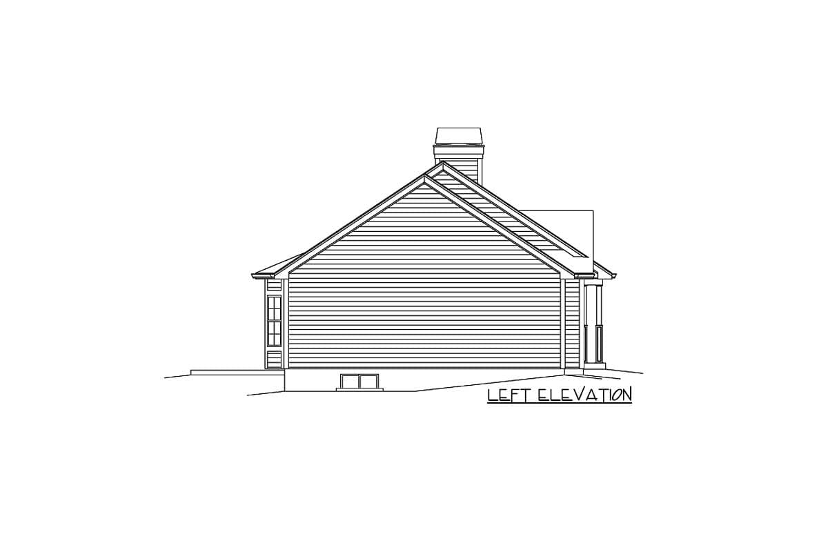 Left elevation drawing of a house plan showing a prominent gable roof, a chimney, and clapboard siding.