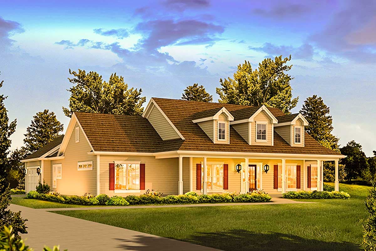 House plan exterior of a two-story Modern Farmhouse with a covered front porch, gables, and dormer windows.