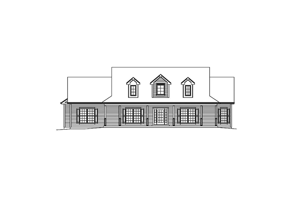 House plan exterior drawing shows a one-story home with a wide front porch, central entry, and three dormers on the roof.