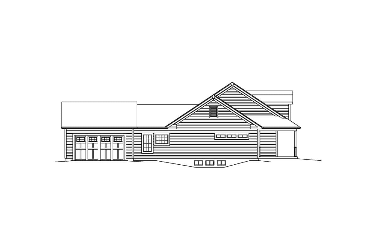 House plan exterior elevation showing a modern farmhouse style with a three-car garage, prominent gable, and multiple windows.