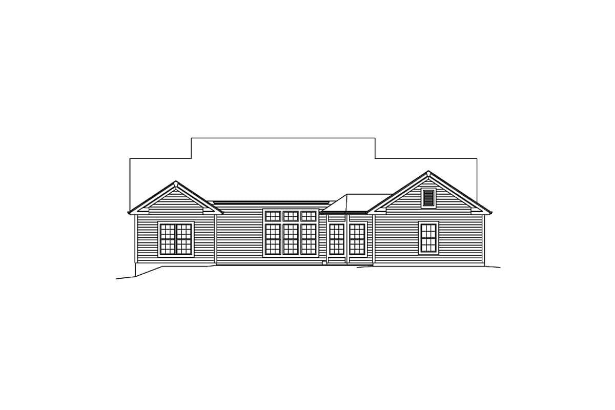 House plan exterior drawing showing a single-story home with gables, multiple grid windows, and a central door.