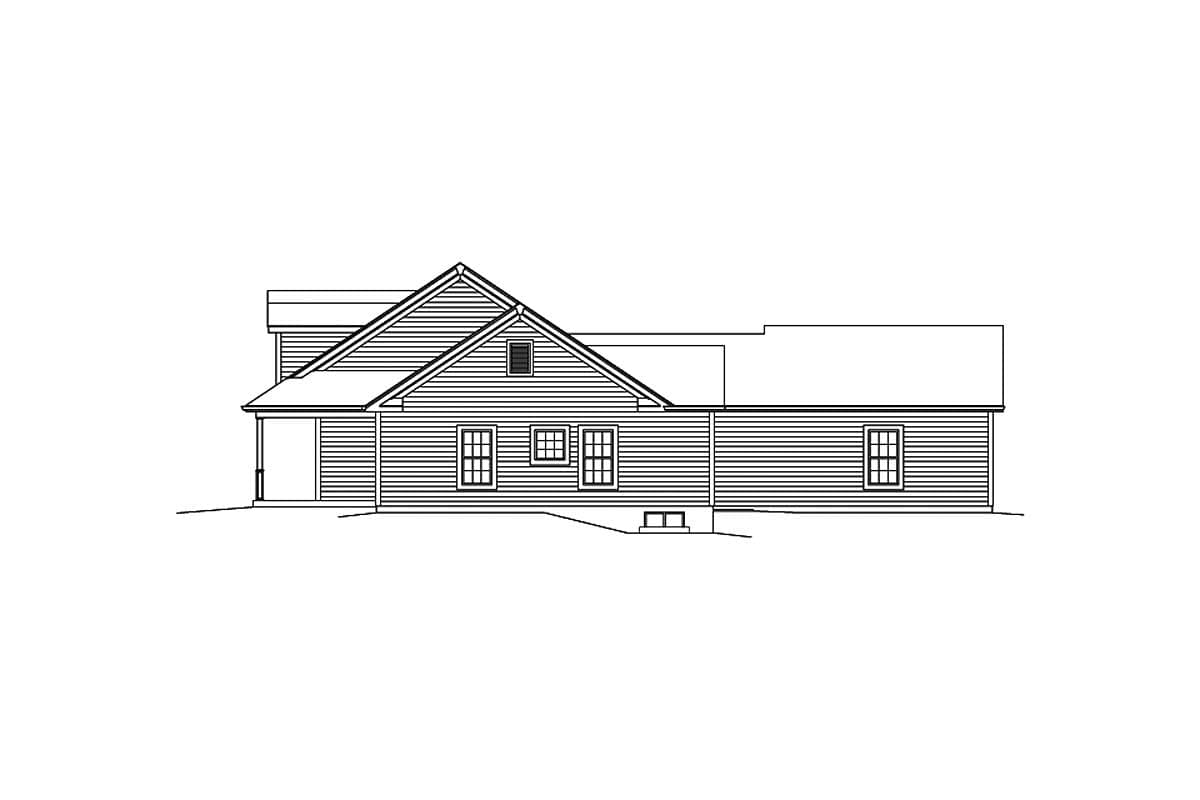 House plan exterior: one-story structure with a gable roof, front porch, and horizontal siding.