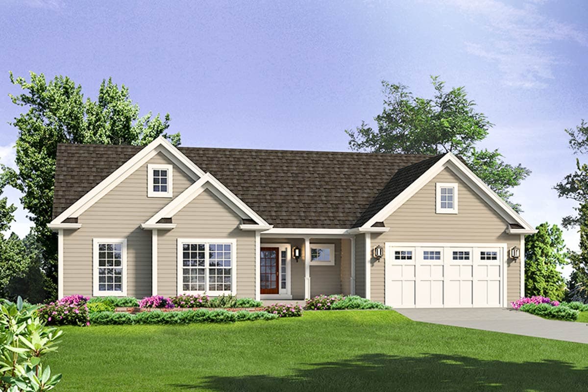 House plan exterior: one-story, neutral siding, prominent gables, covered entry, and attached two-car garage.
