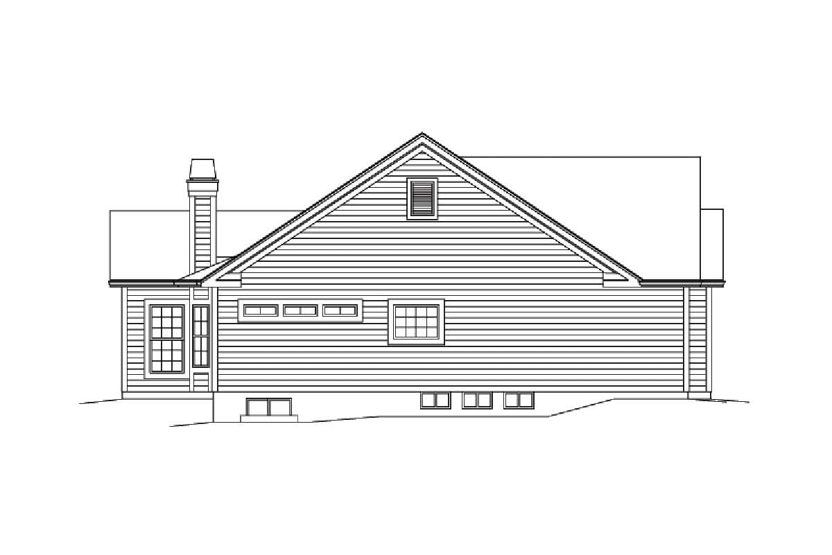 House plan exterior drawing: side view of a single-story home with a gambrel roof, chimney, and multiple windows.